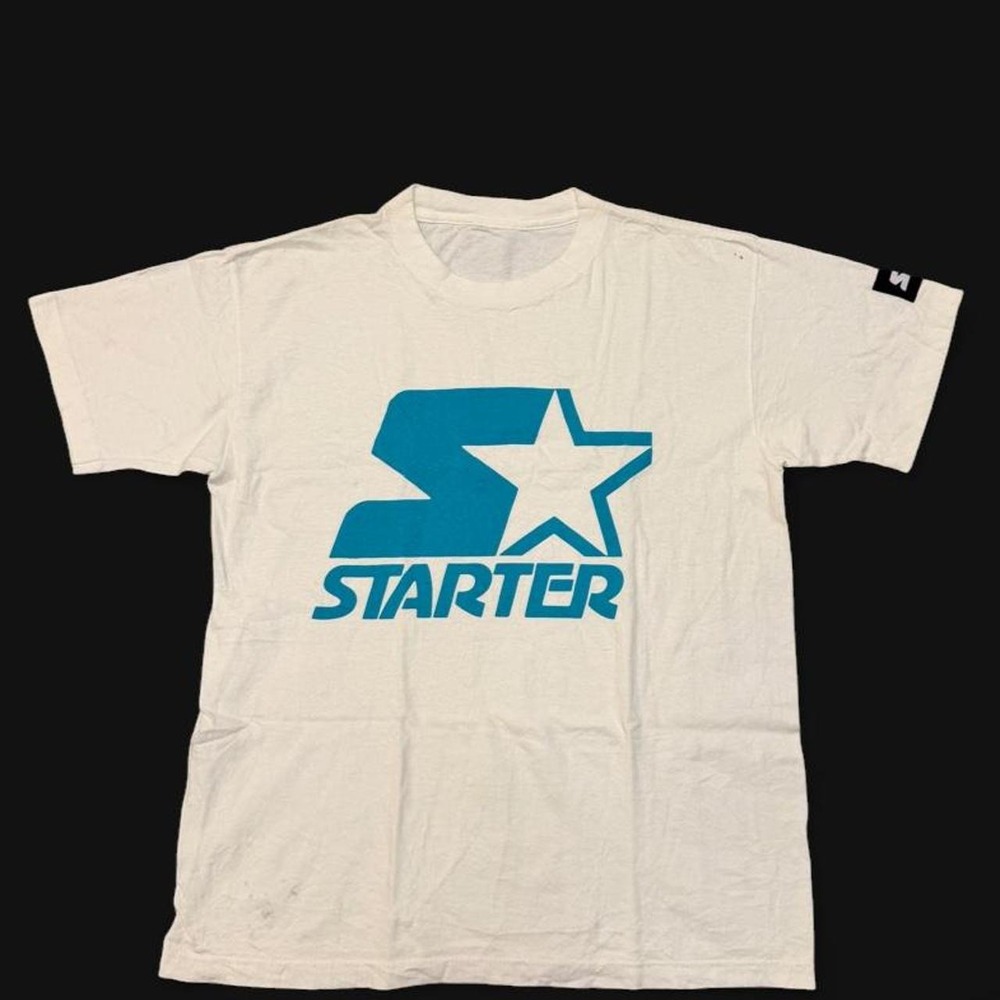 Vintage 90s Starter Big Logo T-Shirt White Teal Small / Medium (18.5x24)